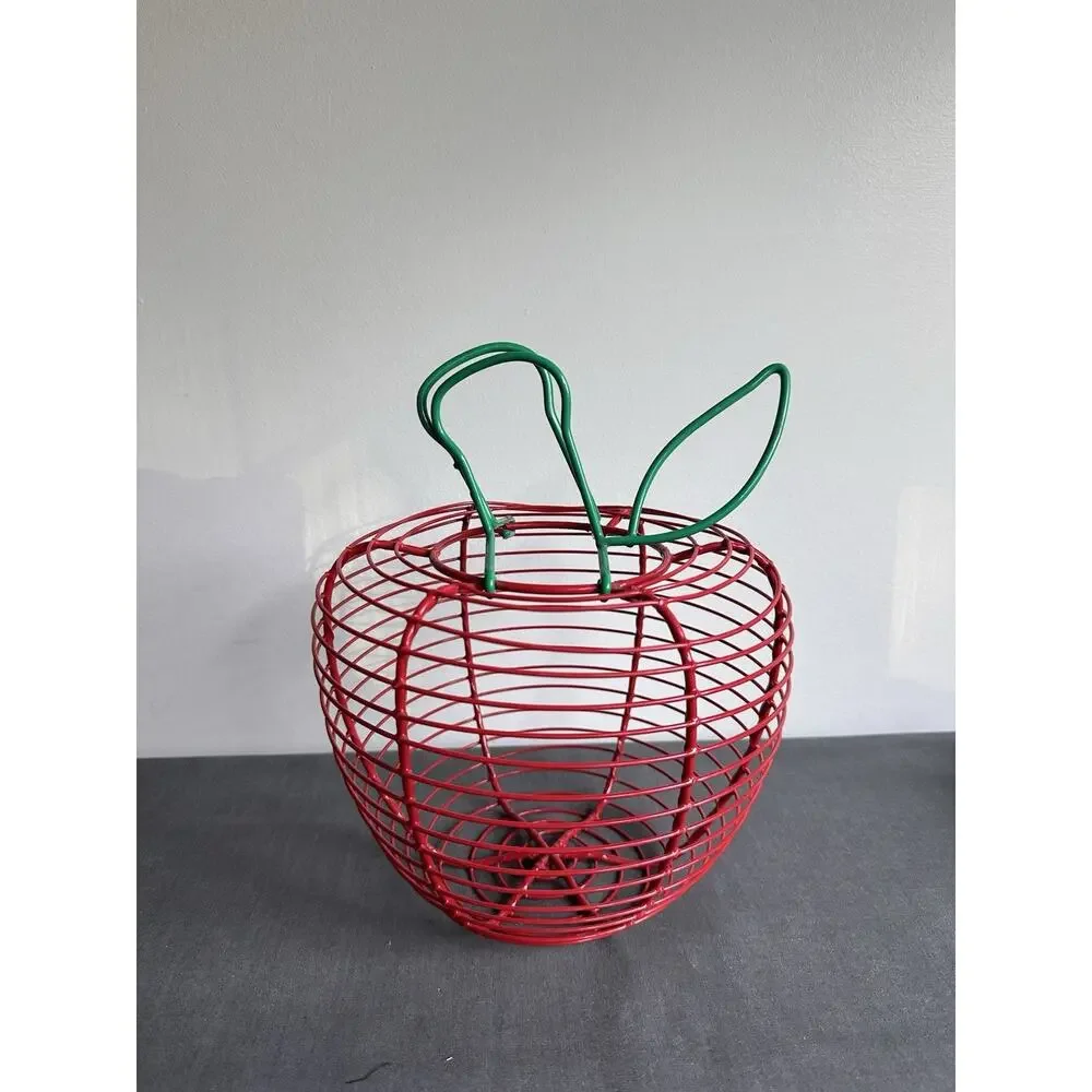 Vintage 90s Red Wire Apple Shape Basket Fruit Holder with Green Leaf Accent